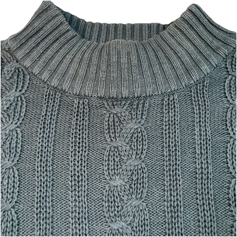 Henry Grethel Sweater Mens Medium Blue Grey Cable Knit Mock Neck Cotton Chunky